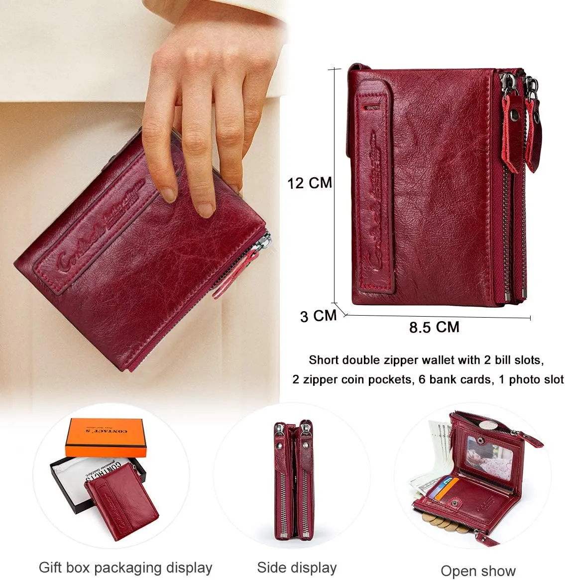 Leather Wallets for Women, Men's Genuine Leather Card Holder Purse Zipper Coin Pocket Double Zipper Bifold Wallet (Red)