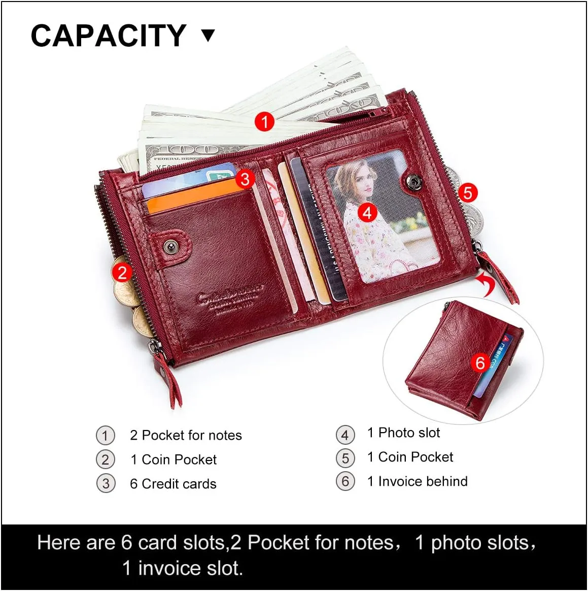 Leather Wallets for Women, Men's Genuine Leather Card Holder Purse Zipper Coin Pocket Double Zipper Bifold Wallet (Red)