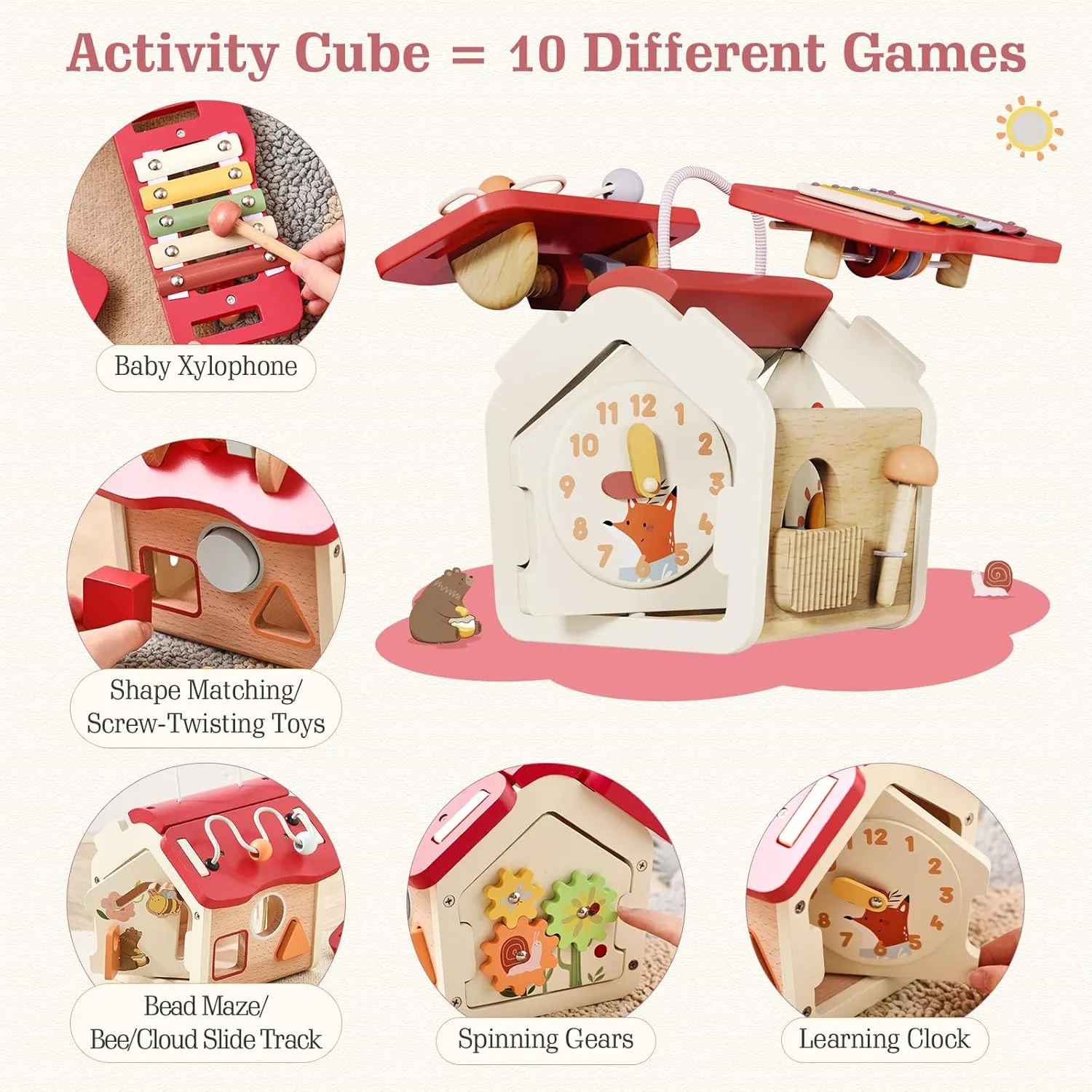 let's make Wooden Activity Cube 10-in-1 Montessori Toys Multi-Functional House Educational Toys Sensory Learning Activity Cube for Toddlers Babies 1st Birthday Gift