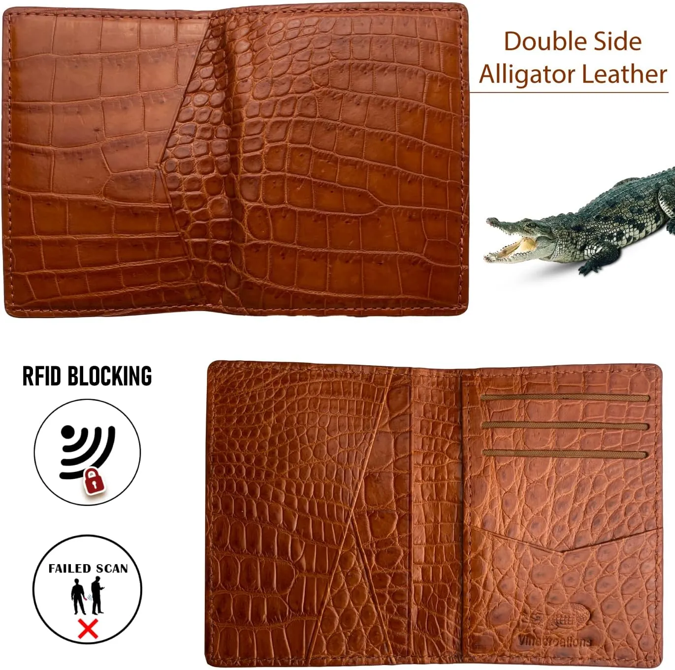 Light Brown Men's Alligator Leather Credit Card Holder Slim Bifold Wallet RFID Blocking Double Side Crocodile Exotic Leather Business Card Case Minimalist Wallet Travel ID Front Pocket Gift Men Women