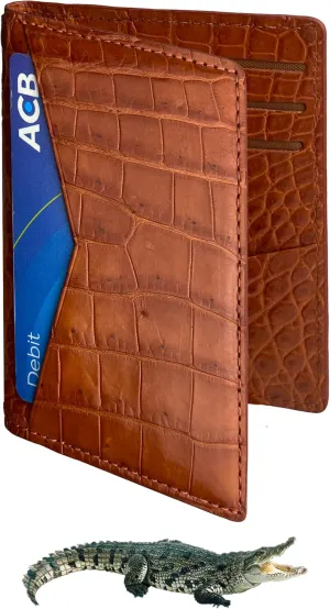 Light Brown Men's Alligator Leather Credit Card Holder Slim Bifold Wallet RFID Blocking Double Side Crocodile Exotic Leather Business Card Case Minimalist Wallet Travel ID Front Pocket Gift Men Women