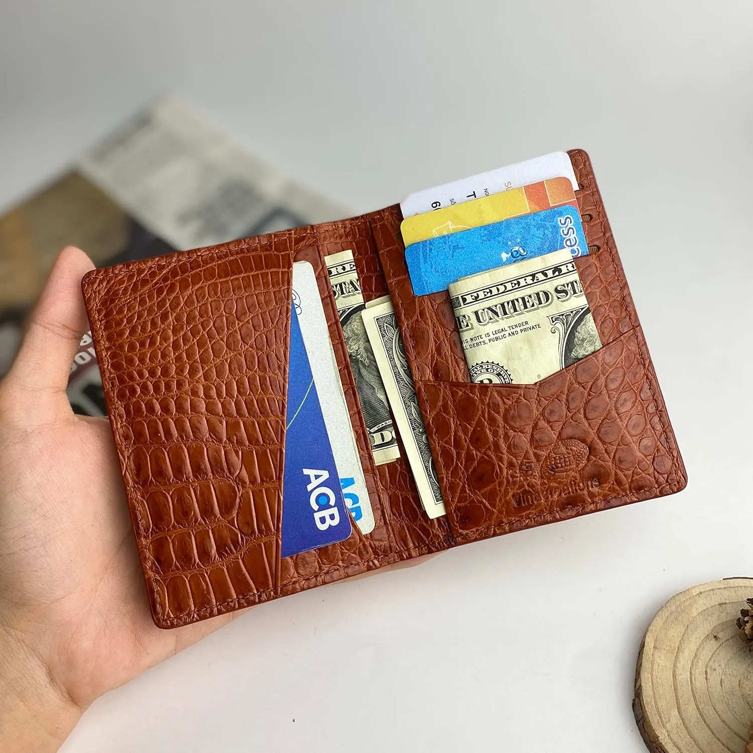 Light Brown Men's Alligator Leather Credit Card Holder Slim Bifold Wallet RFID Blocking Double Side Crocodile Exotic Leather Business Card Case Minimalist Wallet Travel ID Front Pocket Gift Men Women
