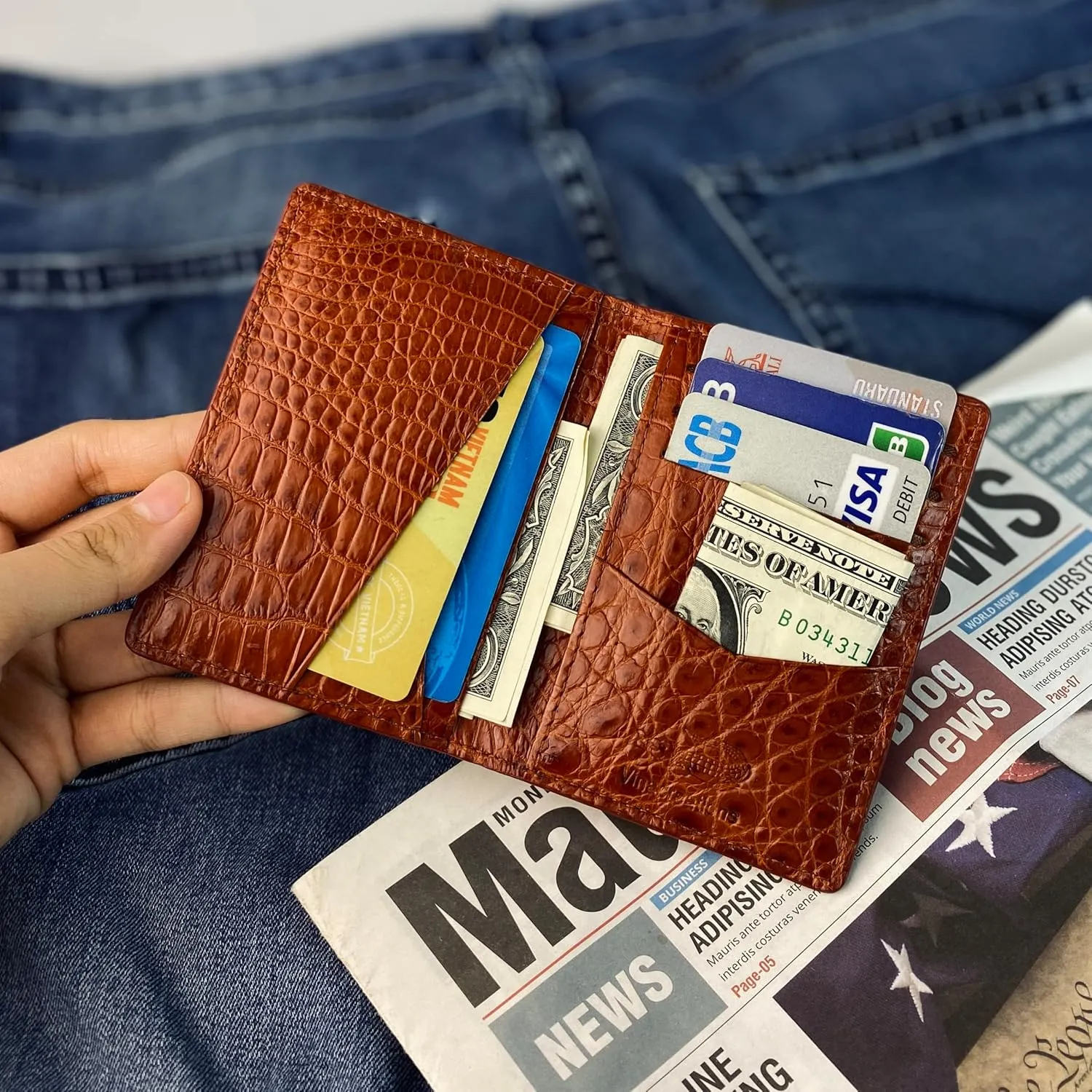 Light Brown Men's Alligator Leather Credit Card Holder Slim Bifold Wallet RFID Blocking Double Side Crocodile Exotic Leather Business Card Case Minimalist Wallet Travel ID Front Pocket Gift Men Women