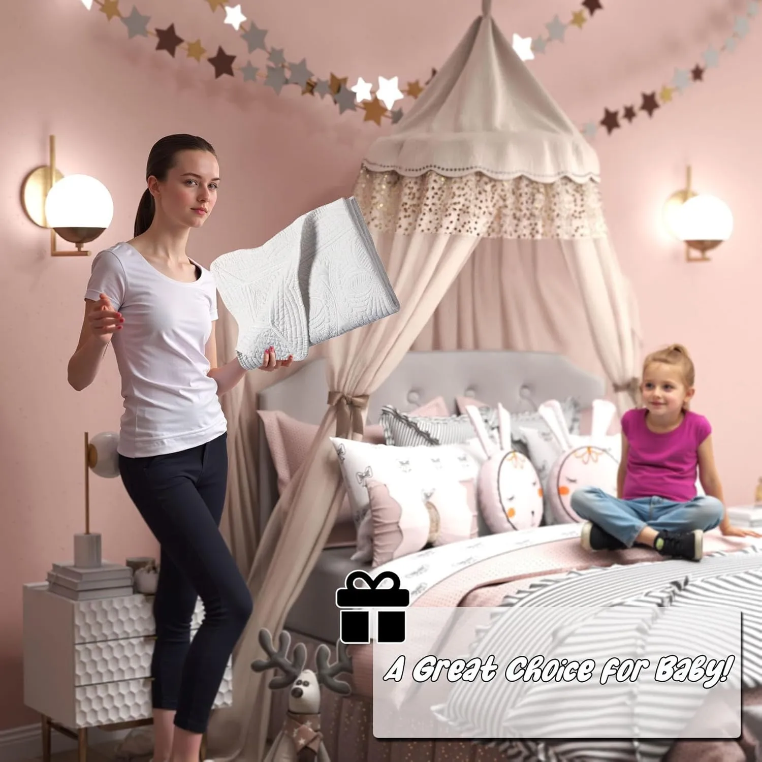 Lightweight Baby Quilt Neutral Durable, Personlized Baby Blankets Monogram Embossed, Four Seasons Cotton Quilted Blanket Toddler Quilt for Boys and Girls 36x46 Inches White (Gray)