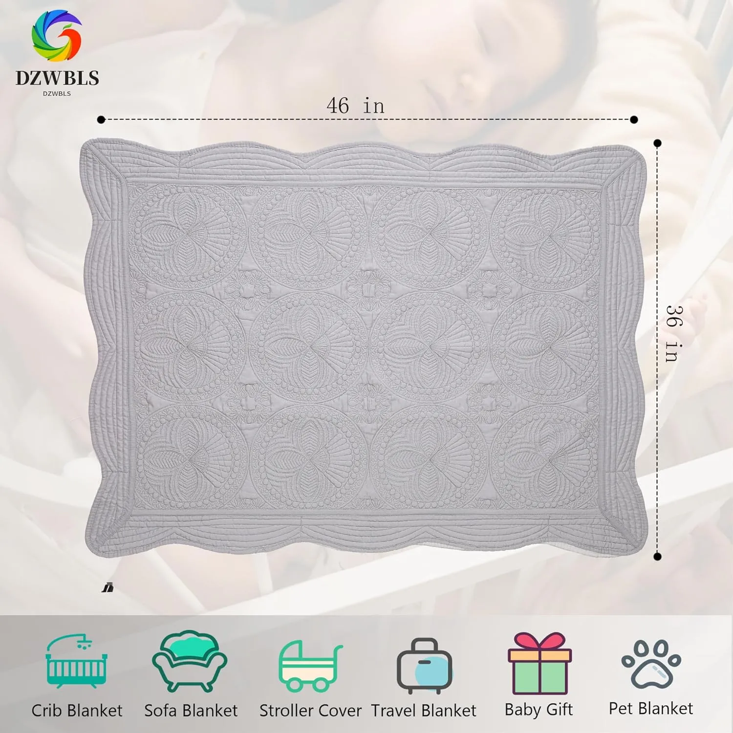Lightweight Baby Quilt Neutral Durable, Personlized Baby Blankets Monogram Embossed, Four Seasons Cotton Quilted Blanket Toddler Quilt for Boys and Girls 36x46 Inches White (Gray)