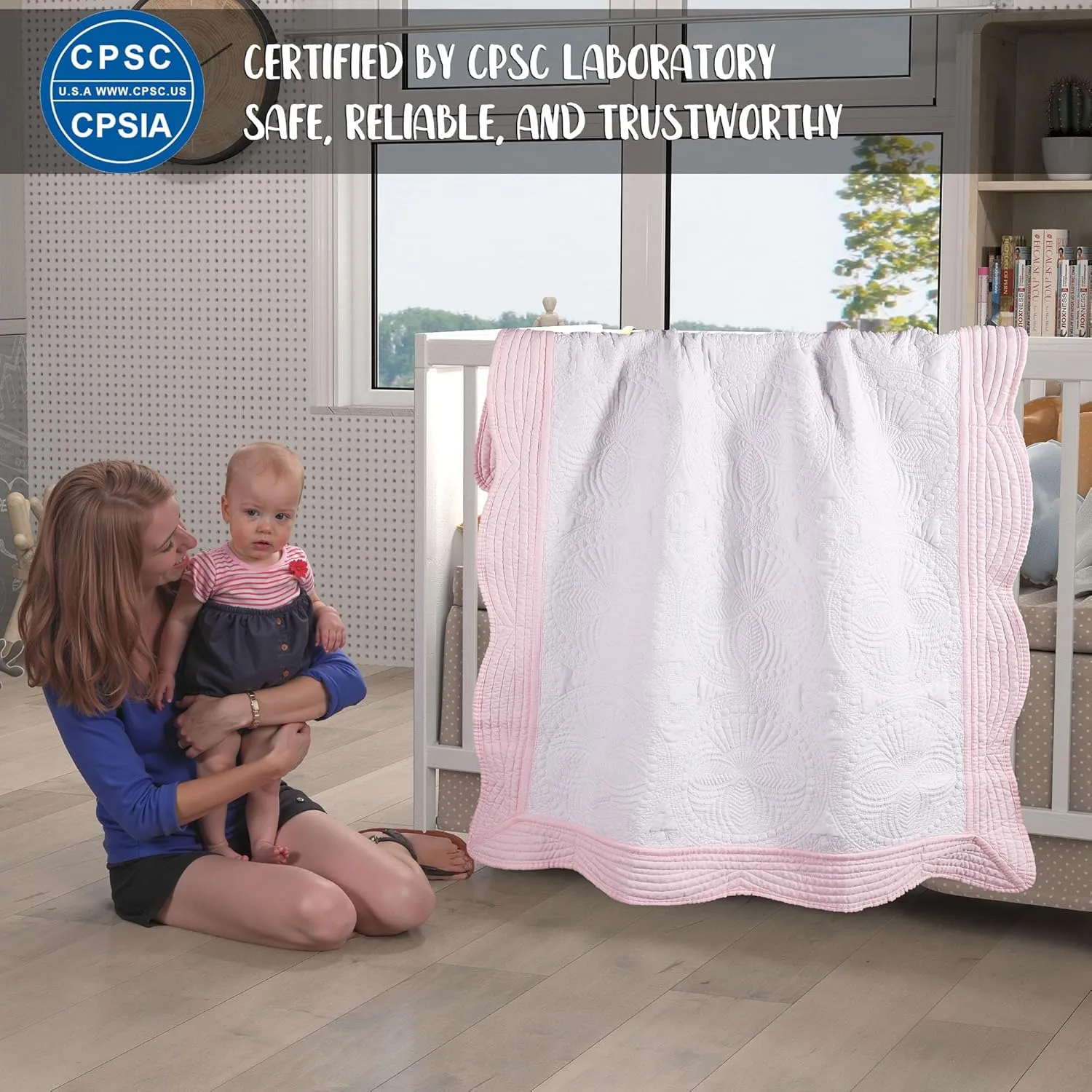 Lightweight Baby Quilt Neutral Durable, Personlized Baby Blankets Monogram Embossed, Four Seasons Cotton Quilted Blanket Toddler Quilt for Boys and Girls 36x46 Inches White (White & Pink)
