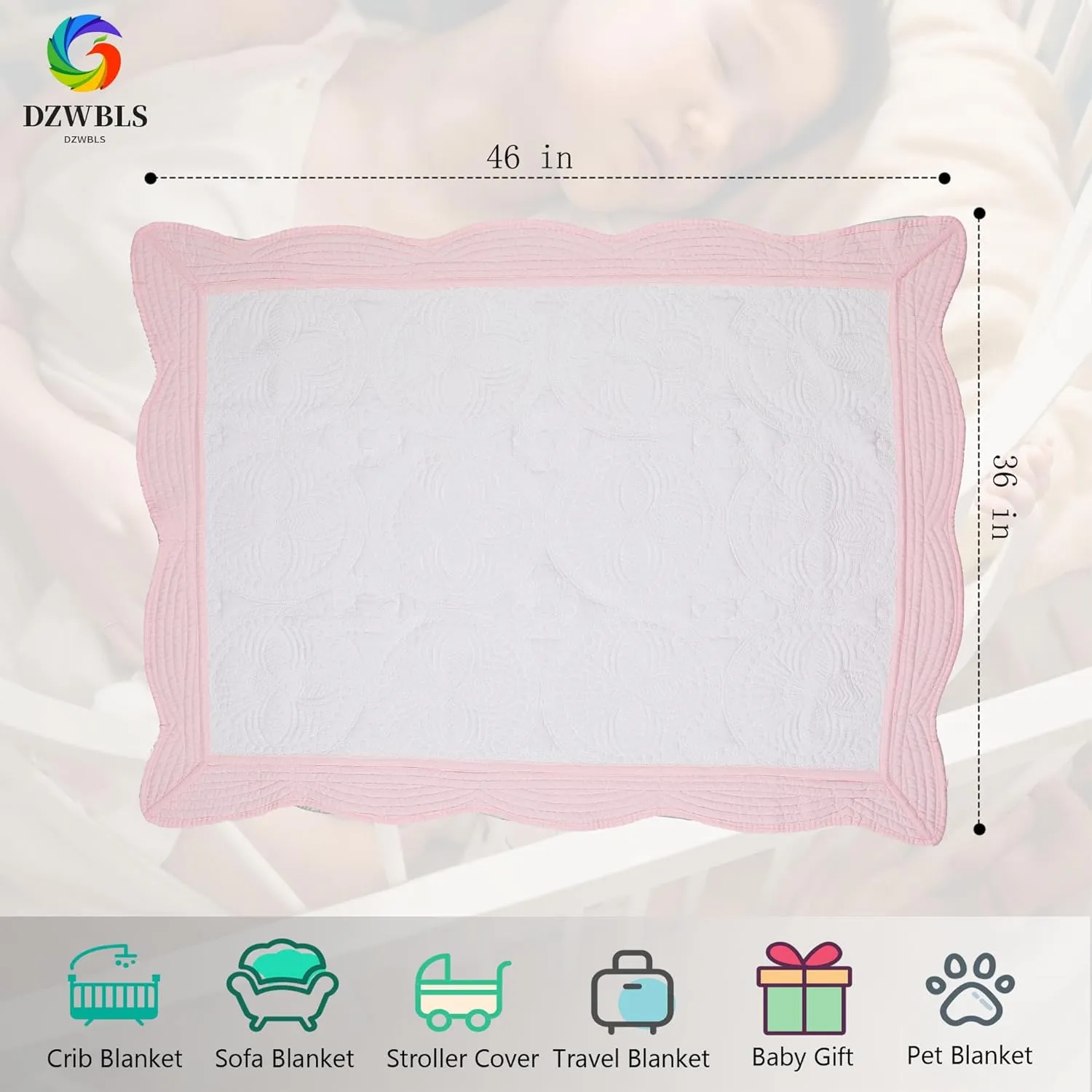 Lightweight Baby Quilt Neutral Durable, Personlized Baby Blankets Monogram Embossed, Four Seasons Cotton Quilted Blanket Toddler Quilt for Boys and Girls 36x46 Inches White (White & Pink)