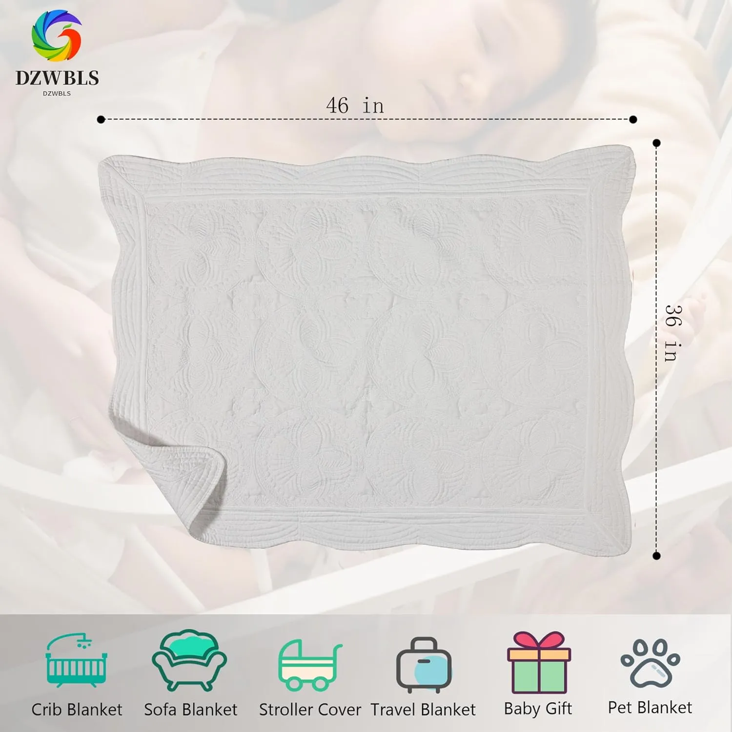 Lightweight Baby Quilt Neutral Durable, Personlized Baby Blankets Monogram Embossed, Four Seasons Cotton Quilted Blanket Toddler Quilt for Boys and Girls 36x46 Inches White