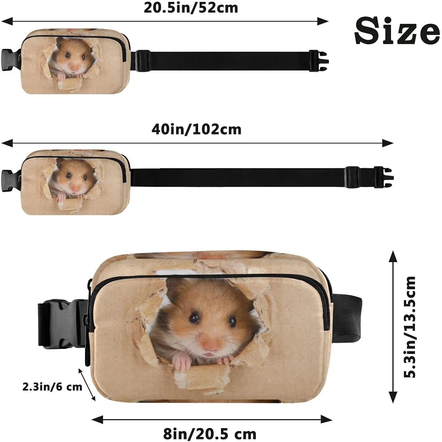 Little Hamster Looking Through a Cardboard Torn Hole Adjustable Belt Running Bag, Crossbody Fanny Pack Waist Runners Bag Tote for Women Men Sports Hiking Fitness Exercise Gym Pouch