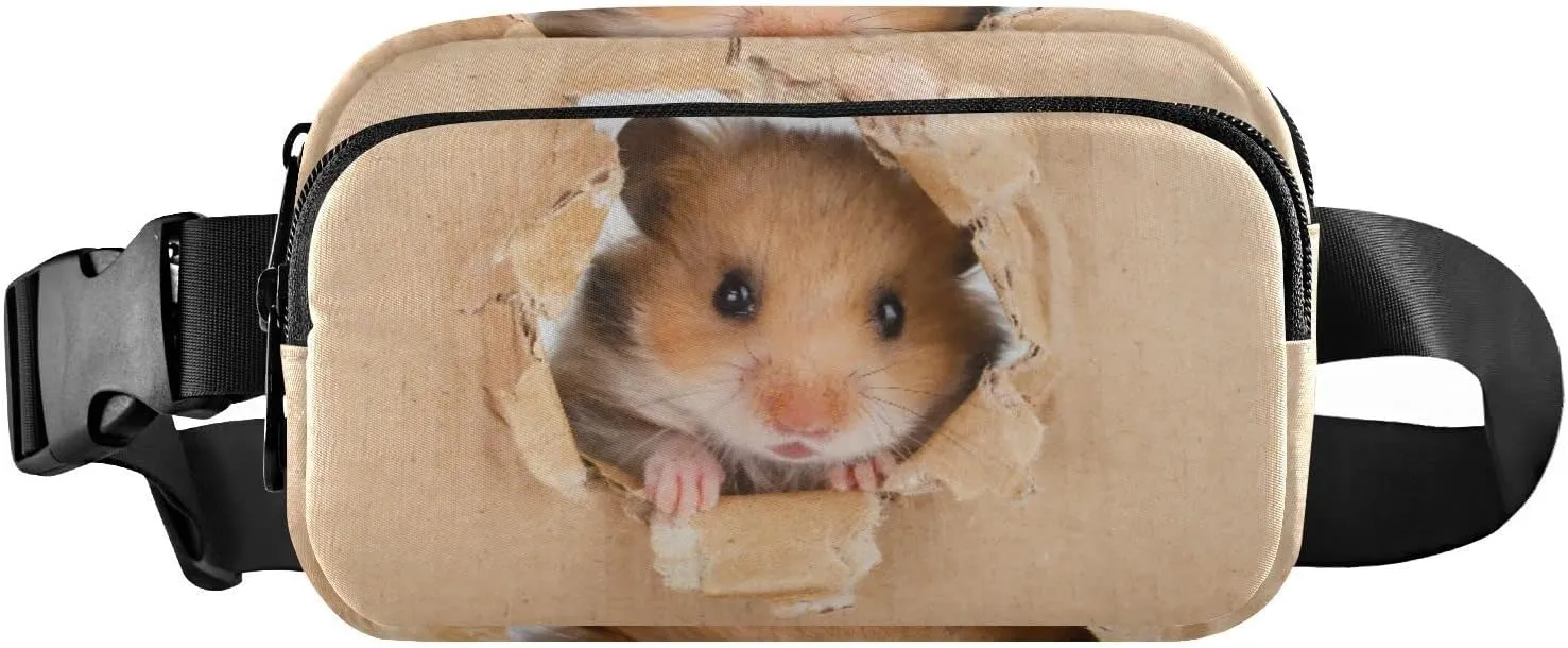 Little Hamster Looking Through a Cardboard Torn Hole Adjustable Belt Running Bag, Crossbody Fanny Pack Waist Runners Bag Tote for Women Men Sports Hiking Fitness Exercise Gym Pouch