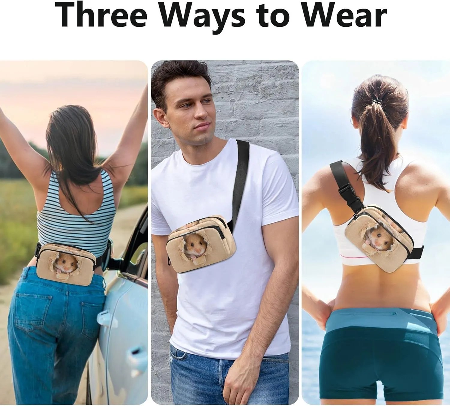 Little Hamster Looking Through a Cardboard Torn Hole Adjustable Belt Running Bag, Crossbody Fanny Pack Waist Runners Bag Tote for Women Men Sports Hiking Fitness Exercise Gym Pouch