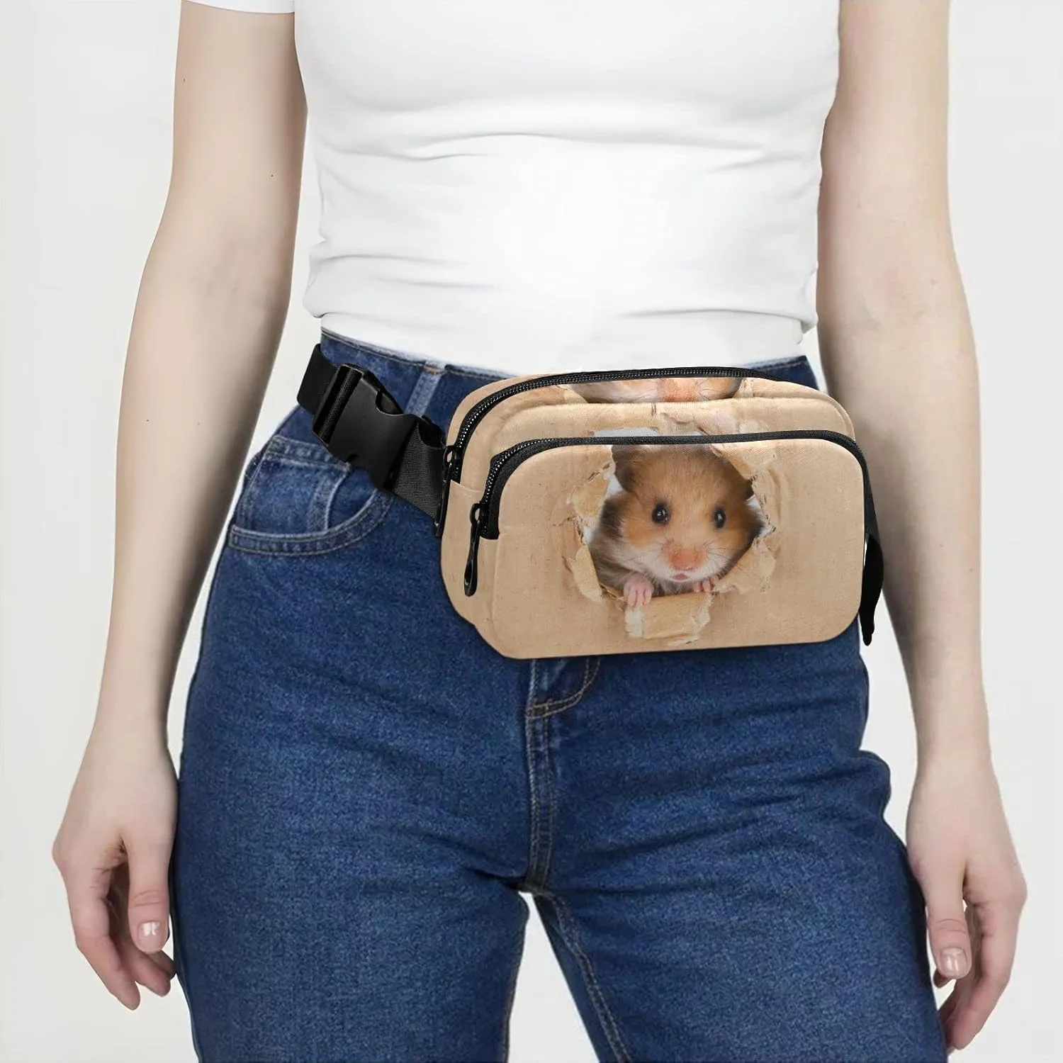 Little Hamster Looking Through a Cardboard Torn Hole Adjustable Belt Running Bag, Crossbody Fanny Pack Waist Runners Bag Tote for Women Men Sports Hiking Fitness Exercise Gym Pouch