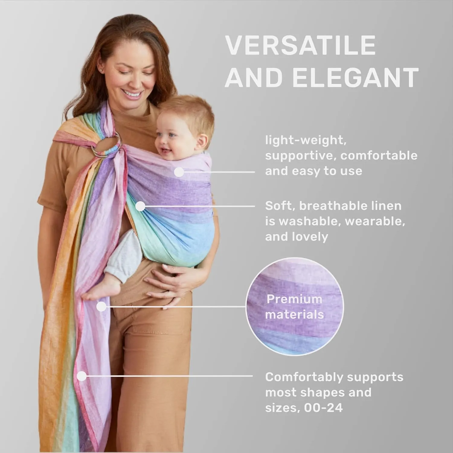 LÍLLÉbaby Ring Sling Baby Wrap Carrier for Infants & Toddlers (8-30lbs), Made for Versatile Babywearing, Support Wrap for Mother's, Adjustable & Sturdy, Lightweight & Comfortable (Rainbow)