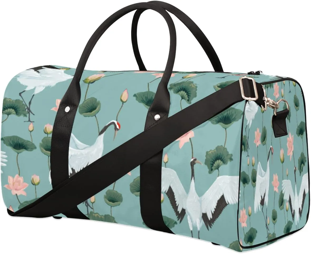 Lotus Crane Travel Duffel Bag, Foldable Sport Gym Tote Bag, Waterproof Weekender Overnight Bag with Shoulder Strap, Carry On Luggage Handbag for Men and Women