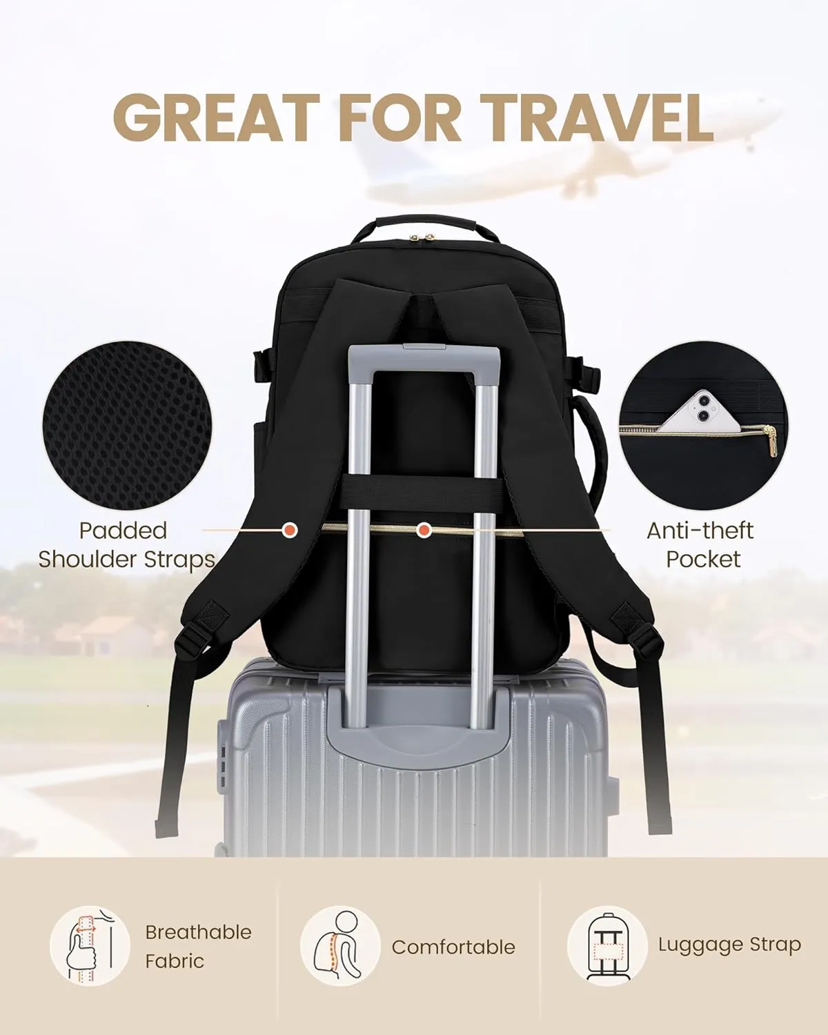 LOVEVOOK Carry on Backpack, 50L Travel Backpack Women for Airplanes, 18inch Laptop Backpack with Toiletry Bag Carry on Bags for Airplanes Casual Daypack for Weekender Overnight Hiking, Black-Black