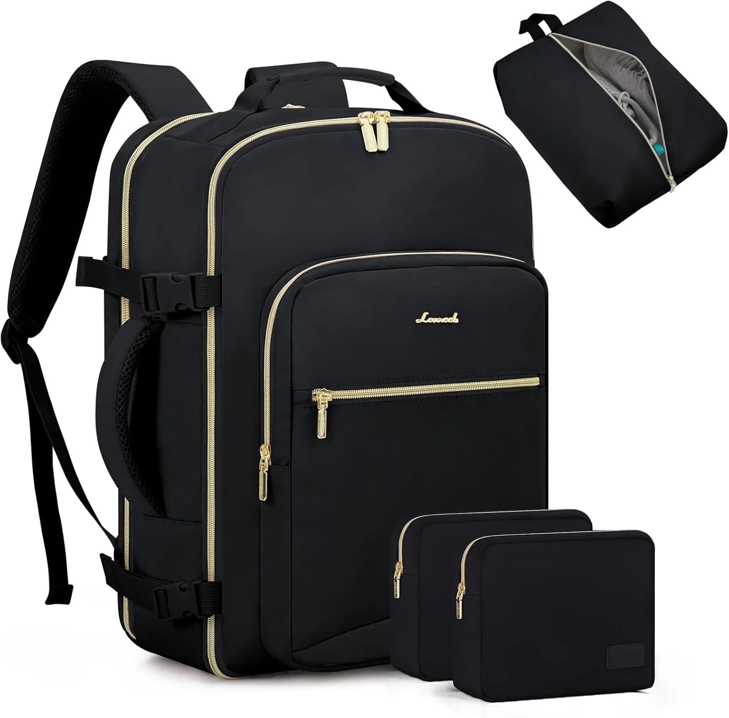 LOVEVOOK Carry on Backpack, 50L Travel Backpack Women for Airplanes, 18inch Laptop Backpack with Toiletry Bag Carry on Bags for Airplanes Casual Daypack for Weekender Overnight Hiking, Black-Black