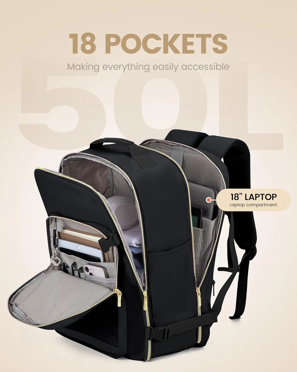 LOVEVOOK Carry on Backpack, 50L Travel Backpack Women for Airplanes, 18inch Laptop Backpack with Toiletry Bag Carry on Bags for Airplanes Casual Daypack for Weekender Overnight Hiking, Black-Black