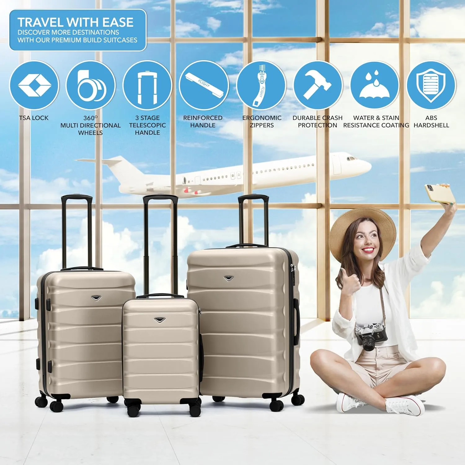 Luggage Sets TSA Lock Silent Double Spinner Wheels Durable Hardside Lightweight Suitcase With 22x14x9 Carry-On Case Maximum Carry On Bag Size For American & United Approved Airlines