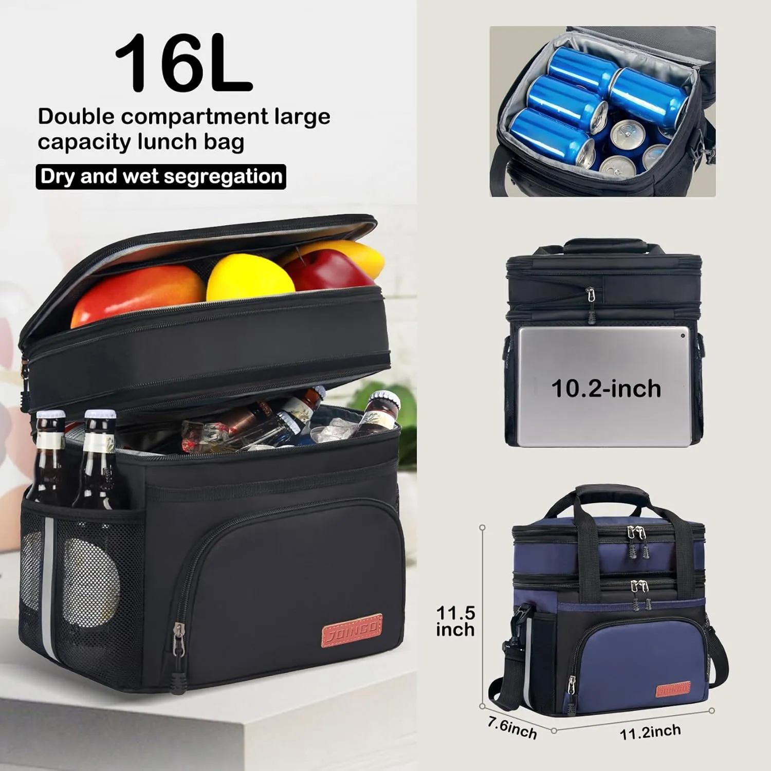 Lunch Box For Men/Women,Large Double-layer Insulated Expandable Reusable Leakproof Cooler Bags For Adults,Lunch Bag With Adjustable Shoulder Strap For Office Travel Picnic(Blue)