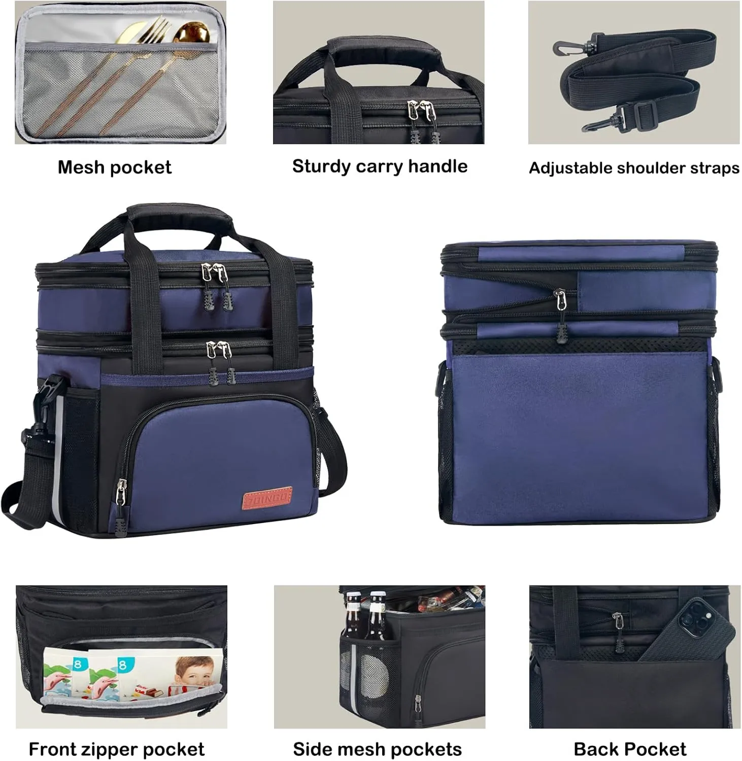 Lunch Box For Men/Women,Large Double-layer Insulated Expandable Reusable Leakproof Cooler Bags For Adults,Lunch Bag With Adjustable Shoulder Strap For Office Travel Picnic(Blue)