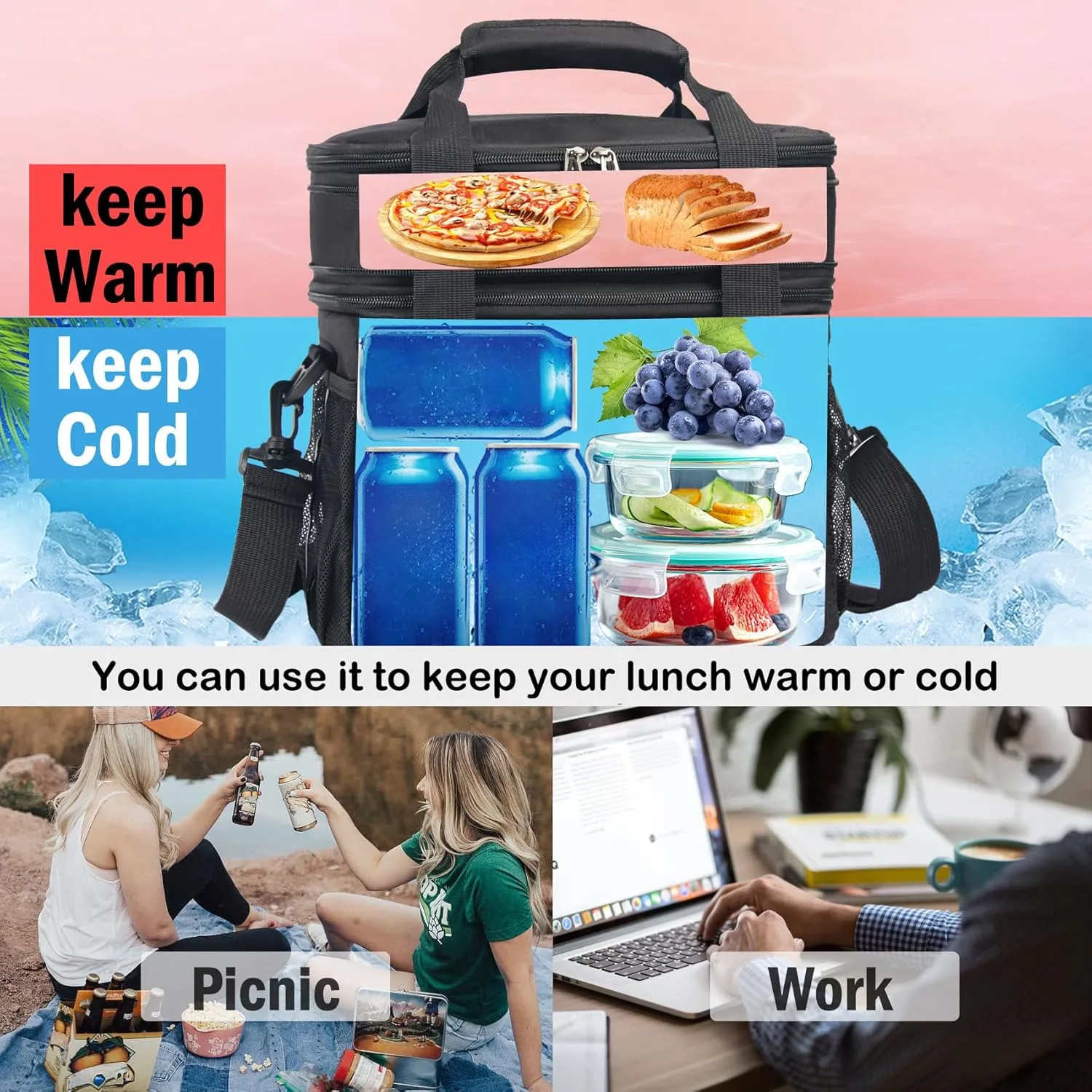 Lunch Box For Men/Women,Large Double-layer Insulated Expandable Reusable Leakproof Cooler Bags For Adults,Lunch Bag With Adjustable Shoulder Strap For Office Travel Picnic(Blue)