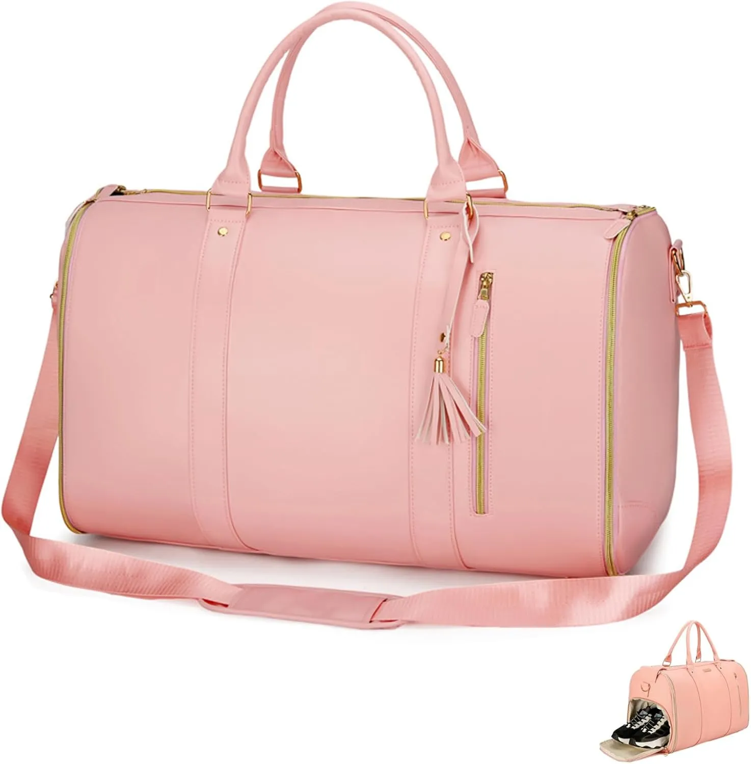 Lux Mega Travel Bag, Luxe Mega Bag for Travel, Foldable Travel Bag Expandable, Leather Garment Bags For Travel With Shoe Pouch, Waterproof Duffle Bags, Travel Duffel Bag for Women (Pink)
