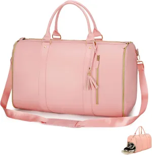 Lux Mega Travel Bag, Luxe Mega Bag for Travel, Foldable Travel Bag Expandable, Leather Garment Bags For Travel With Shoe Pouch, Waterproof Duffle Bags, Travel Duffel Bag for Women (Pink)