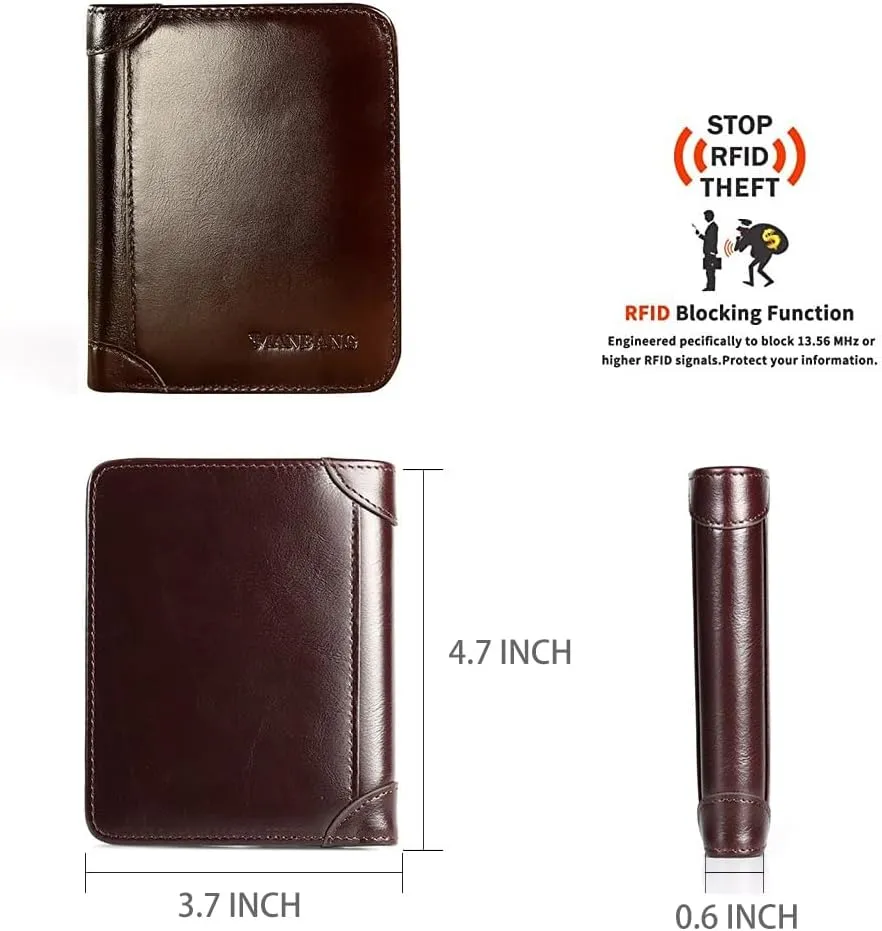 Luxury Men Wallet Genuine Cow Leather Male RFID Trifold Short Purse For Men with ID Window and Credit Card Holder (Coffee)