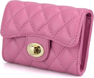 Luxury Quilted Leather Card Holder Wallet Credit Card Holder Wallet Small Wallet Compact Wallet Coin Purse Business Card Holder Gift for Women Gift for Girl (Pink)
