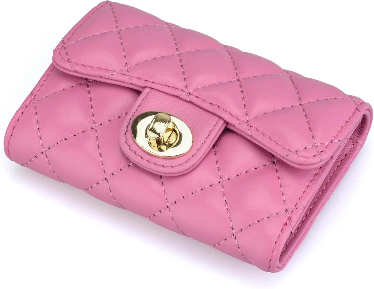 Luxury Quilted Leather Card Holder Wallet Credit Card Holder Wallet Small Wallet Compact Wallet Coin Purse Business Card Holder Gift for Women Gift for Girl (Pink)
