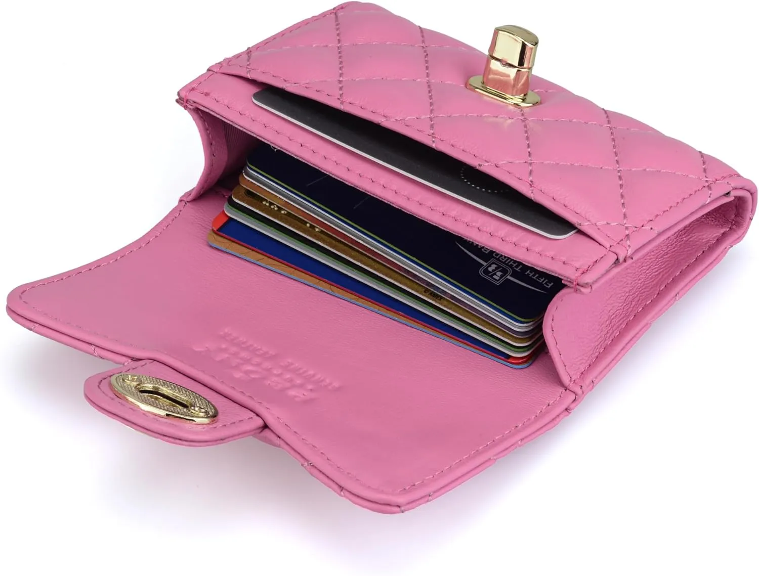 Luxury Quilted Leather Card Holder Wallet Credit Card Holder Wallet Small Wallet Compact Wallet Coin Purse Business Card Holder Gift for Women Gift for Girl (Pink)