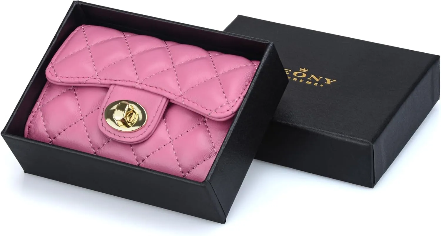 Luxury Quilted Leather Card Holder Wallet Credit Card Holder Wallet Small Wallet Compact Wallet Coin Purse Business Card Holder Gift for Women Gift for Girl (Pink)