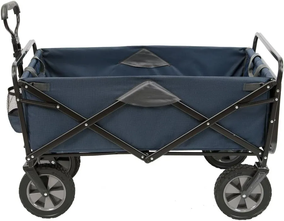 Mac Sports Heavy Duty Steel Frame Collapsible Folding 150 Pound Capacity Outdoor Garden Utility Wagon Yard Cart with Table and Cup Holders, Navy
