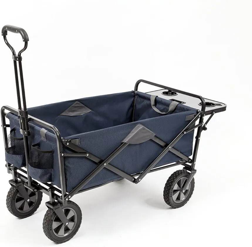 Mac Sports Heavy Duty Steel Frame Collapsible Folding 150 Pound Capacity Outdoor Garden Utility Wagon Yard Cart with Table and Cup Holders, Navy