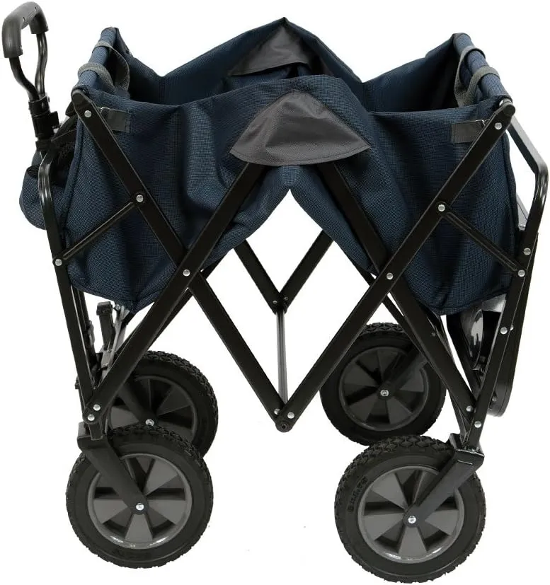 Mac Sports Heavy Duty Steel Frame Collapsible Folding 150 Pound Capacity Outdoor Garden Utility Wagon Yard Cart with Table and Cup Holders, Navy
