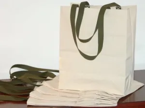 Made in USA Cotton Canvas Reusable Grocery Tote Bags with Long Green Handles - Regular Size - 4 Pack