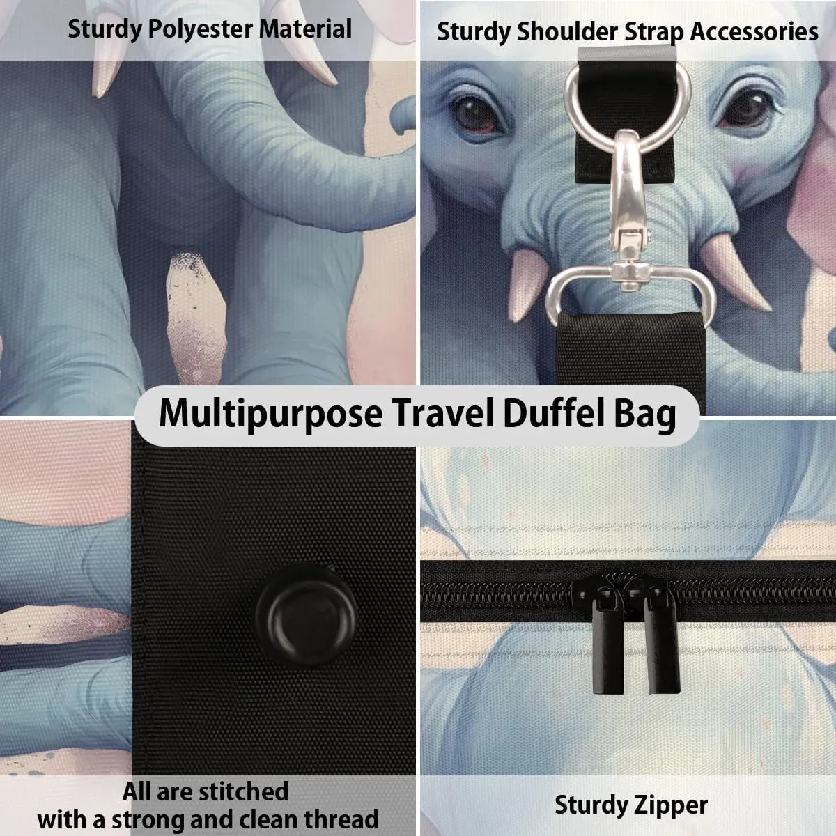 Magical Elephant Travel Duffel Bag for Women Men Waterproof Foldable Overnight Weekender Bag Large Capacity Sports Gym Bag