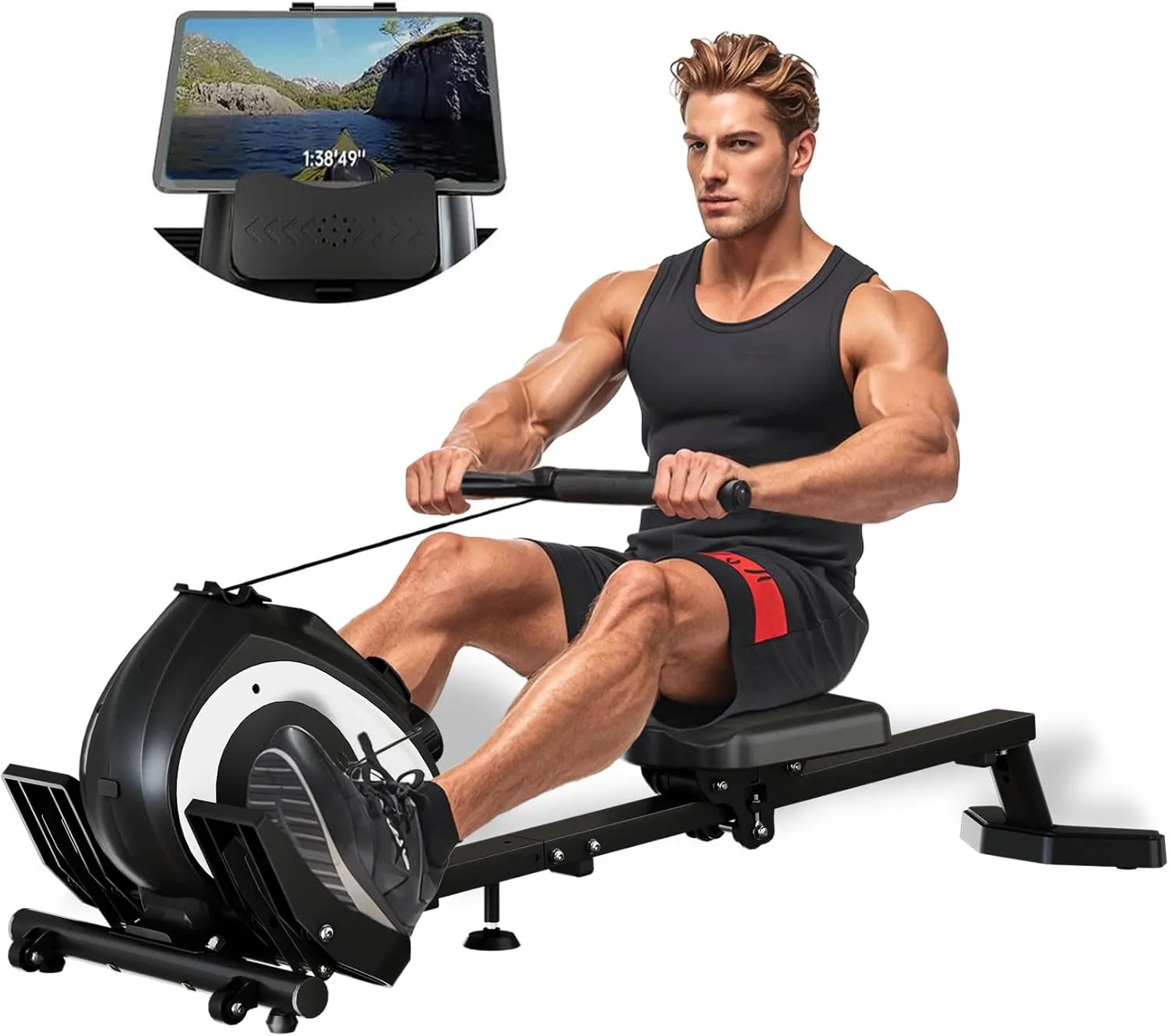 Magnetic Rowing Machine for Home Adjustable 8-Speed Booster Burn Fat & Sculpt Muscles Supports Up to 265 LBS Phone/Tablet-Ready Design