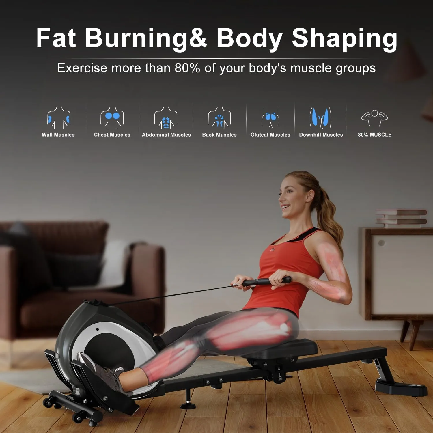 Magnetic Rowing Machine for Home Adjustable 8-Speed Booster Burn Fat & Sculpt Muscles Supports Up to 265 LBS Phone/Tablet-Ready Design