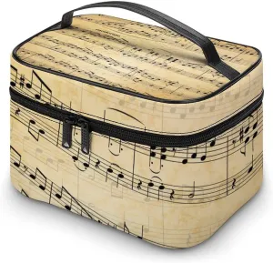 Makeup Bag Music Notes on Stave Cosmetic Bag for Women Beauty Zipper Makeup Organizer PU Leather Waterproof Toiletry Train Case Abstract Old Paper