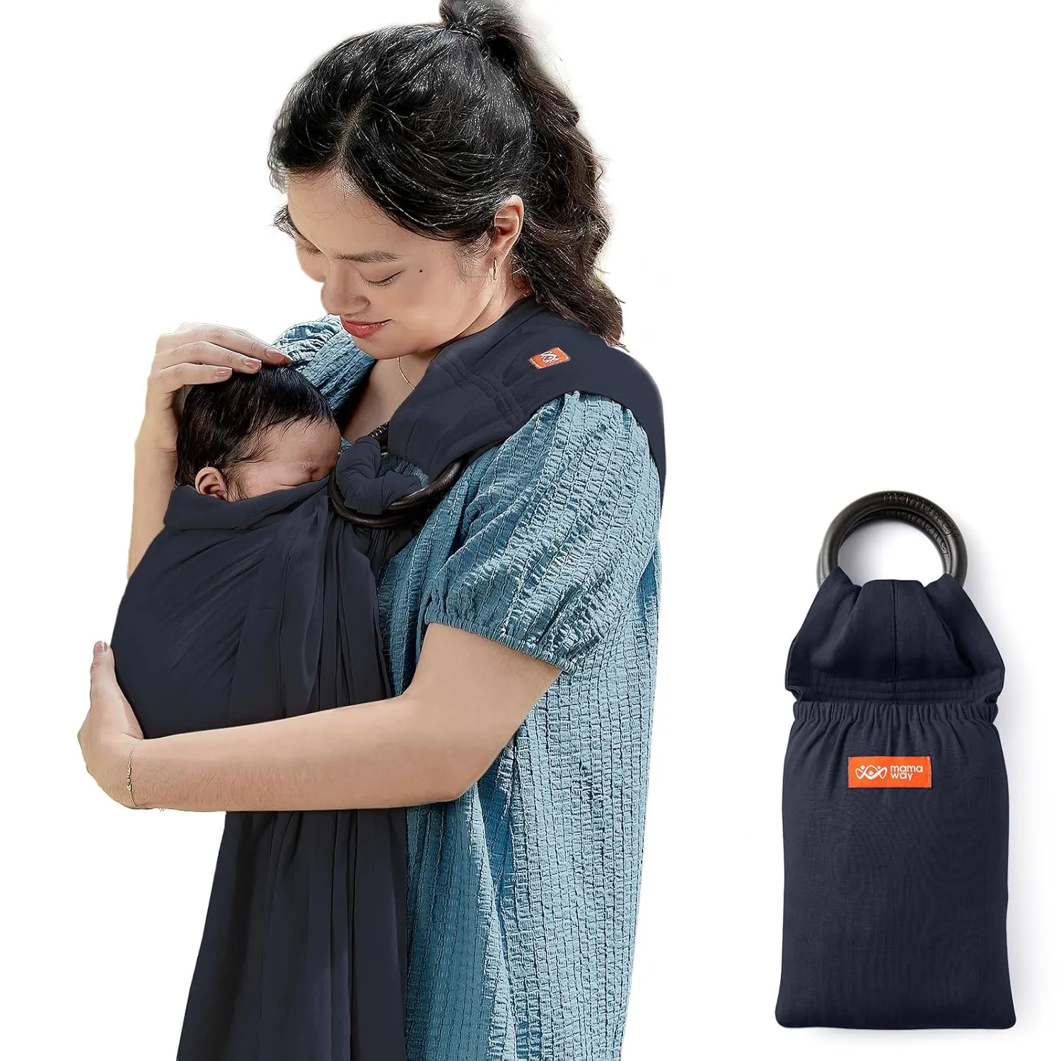 Mamaway Baby Ring Sling - Newborn Sling (Supports up to 154lbs), IHDI Certified, Rayon & Linen Made, Soft & Breathable, Nylon 66 Safety Rings, Storage Pocket Design, Navy