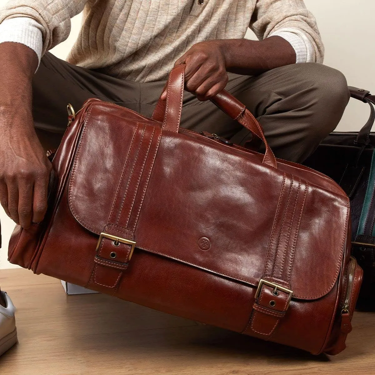 Maxwell Scott - Mens Luxury Leather Medium Travel Duffle Bag - Made from Italian Full Grain Hides - The Dino Medium Black