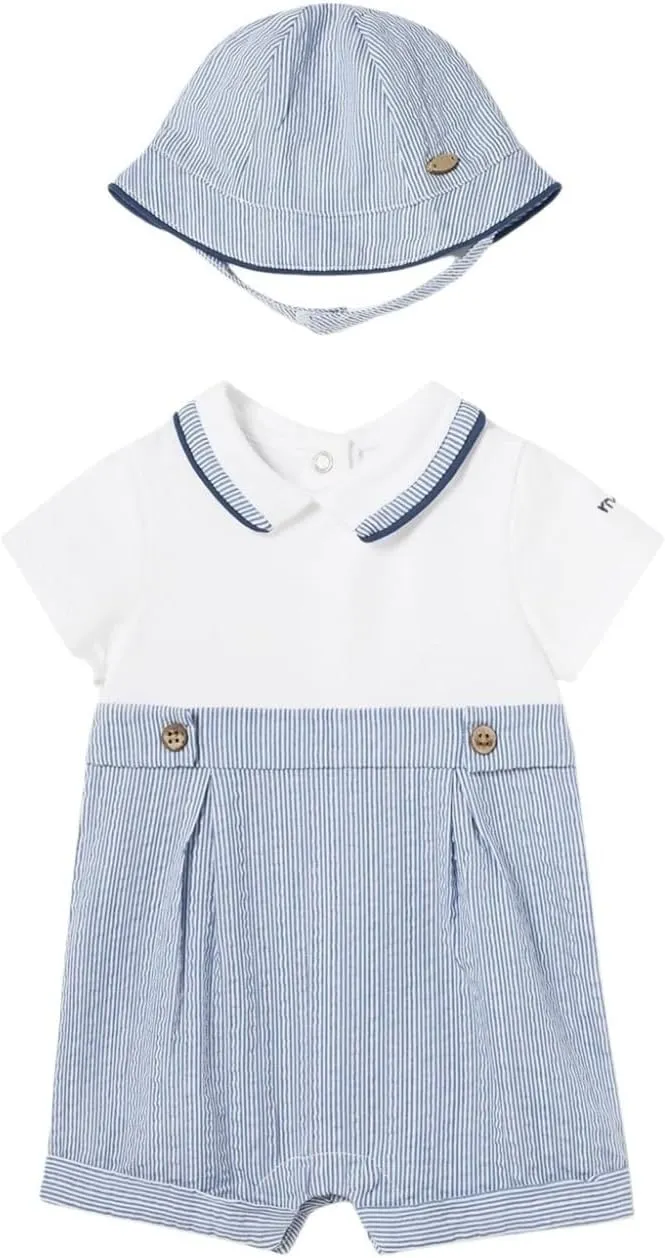 Mayoral BABY BOYS 1 PIECE SHORT SEERSUCKER ROMPER WITH MATCHING CAP