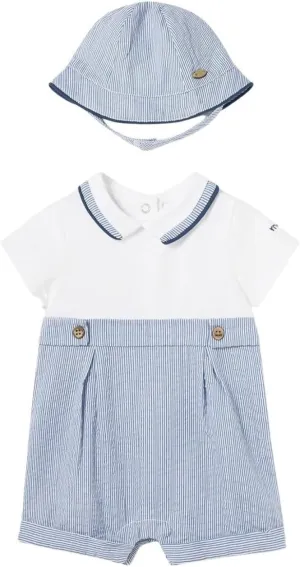 Mayoral BABY BOYS 1 PIECE SHORT SEERSUCKER ROMPER WITH MATCHING CAP