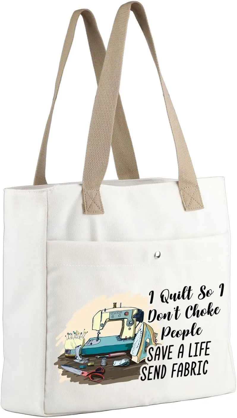 MBMSO Sewing Machine Tote Bag Funny Quilting Gifts I Quilt So I Don't Choke People Quilter Gifts for Sewing Lover Beach Tote