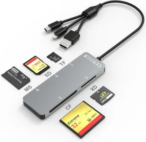 Memory Stick Pro Duo Adapter - Aluminum 5 in 1 SD/TF/CF/MS/XD Picture Card Reader for PC/Android/Lightning, Multi Memory Card Reader USB C Lightning OTG Adapter Memory Stick pro Duo Reader for iPhone