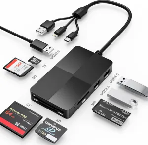 Memory Stick Pro Duo Reader Adapter, 8 in 1 SD/MS/TF/CF/XD Card Reader with 3 USB 2.0 Ports, Lightning USB A USB C, Multi Memory Card Reader Support OTG, Fast Data Transfer