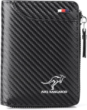 Men Wallet Zipper Purse (RFID PROTECTED), Aiks Kangaroo Wallets, Mens RFID Blocking Leather Wallet Credit Card ID Holder Zipper Purse Waterproof (Fiber Black)