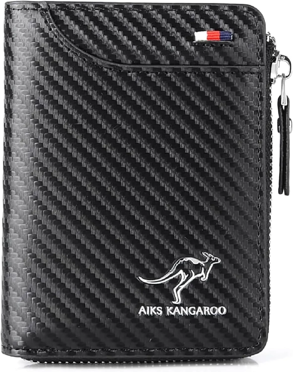 Men Wallet Zipper Purse (RFID PROTECTED), Aiks Kangaroo Wallets, Mens RFID Blocking Leather Wallet Credit Card ID Holder Zipper Purse Waterproof (Fiber Black)