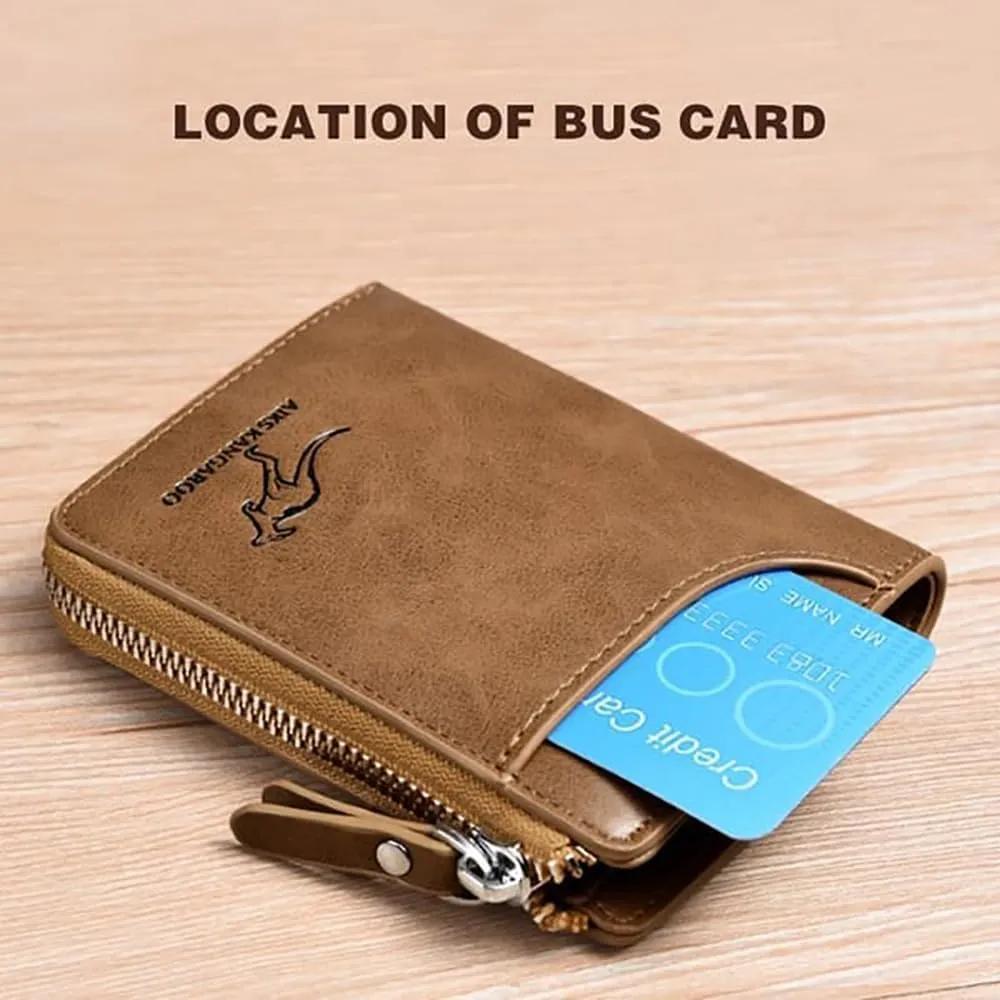 Men Wallet Zipper Purse (RFID PROTECTED), Aiks Kangaroo Wallets, Mens RFID Blocking Leather Wallet Credit Card ID Holder Zipper Purse Waterproof (Fiber Black)